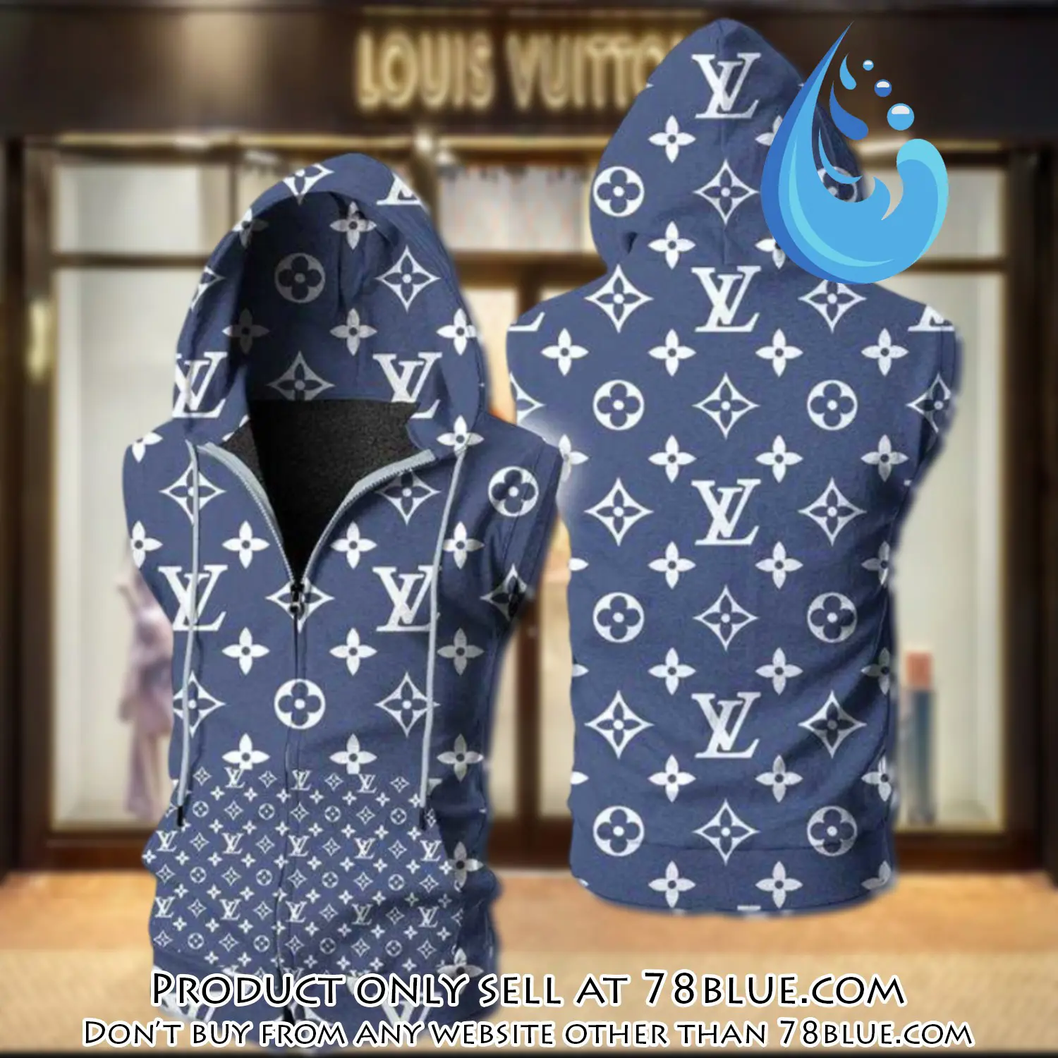 Louis vuitton blue unisex sleeveless zip up hoodie luxury for men women szh010 78b1148769